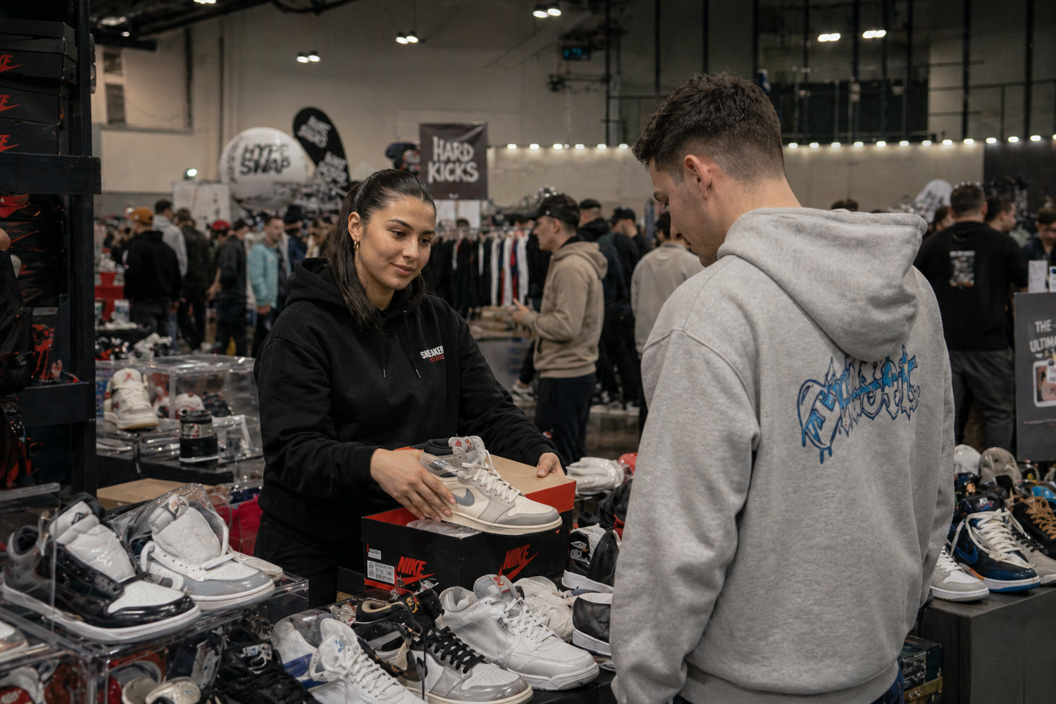 Bild von Jannine an einer Sneakermesse qwie sie einen Sneaker verkauft